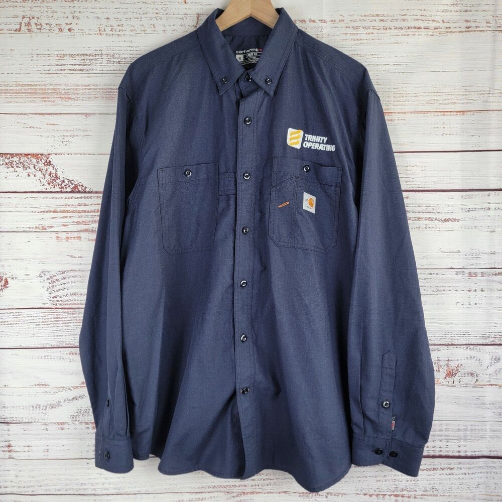 Carhartt FR Shirt Mens XL LOGO Blue Flame Resistant Long Sleeve Button Work